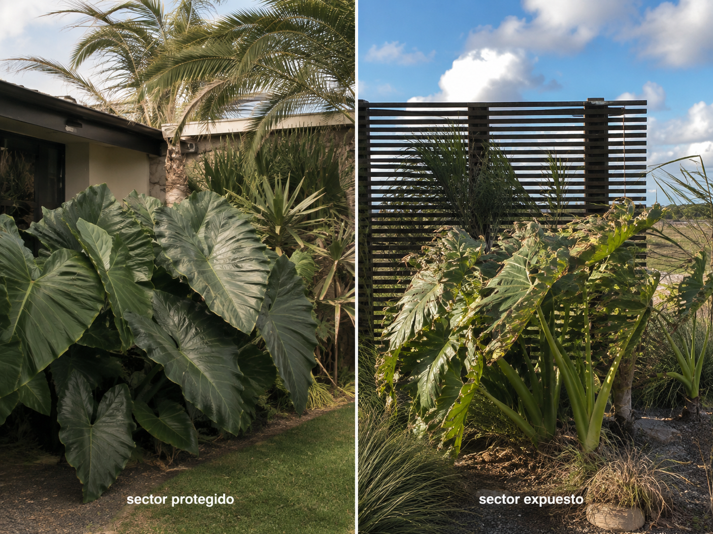 Comparación ilustrativa entre plantas de hojas grandes creciendo en un sector protegido y otro expuesto al viento.