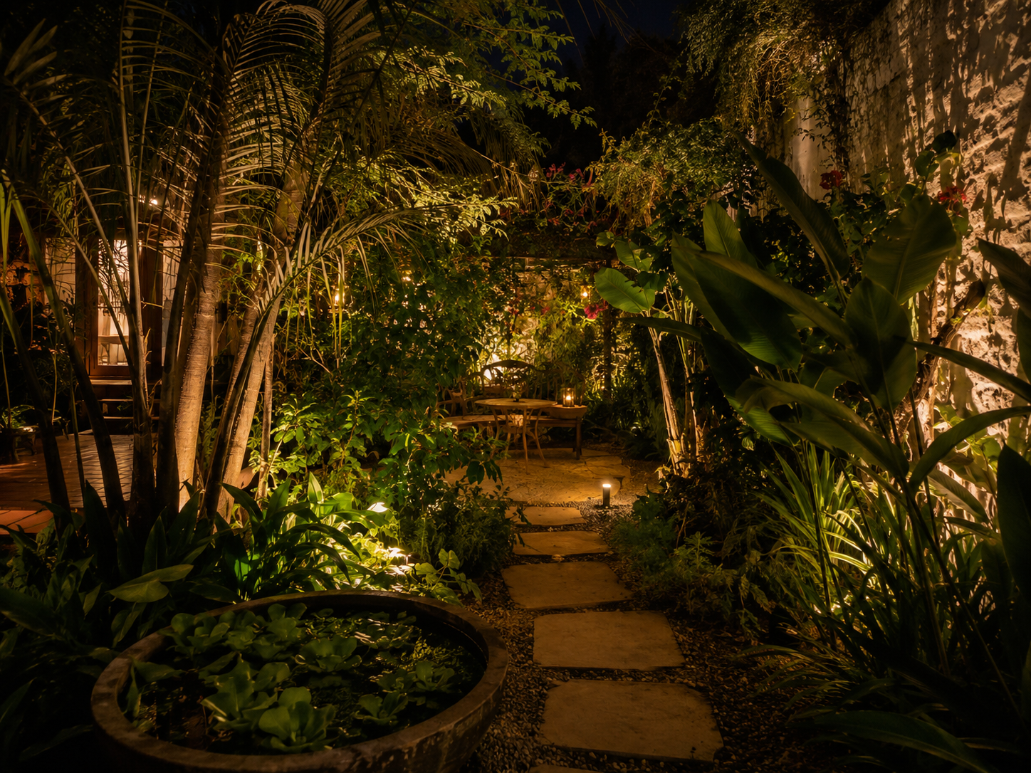 Jardín exuberante de aspecto tropical por la noche con sendero e iluminación cálida entre la vegetación.